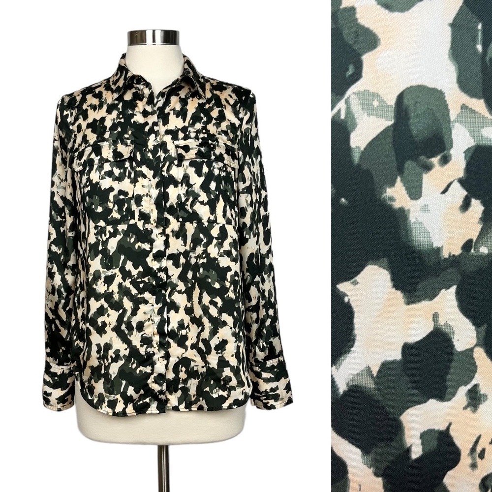 H&M Green and Peach Camo Button Down Top